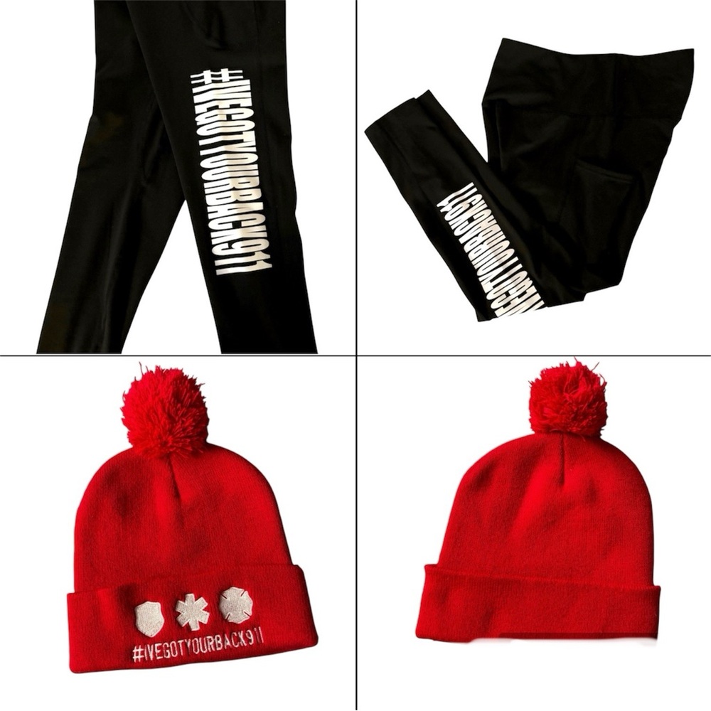 Official #ivegotyourback911 Campaign Black Leggings (Medium) and Red Pom-Pom Hat